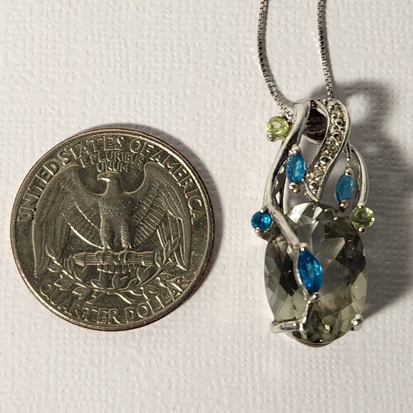 VTG 925 Natural Prasolite / Green Amethyst w/ Neon Apatite & Peridot Pendant 18" - Picture 3 of 11